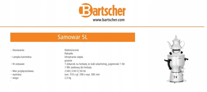 SAMOWAR 5L DZBANEK 1L WARNIK STAL NIERDZEWNA 2000W BARTSCHER